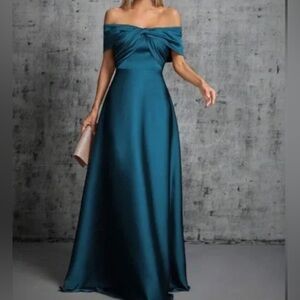 Luxe off shoulder party formal evening satin gown dress